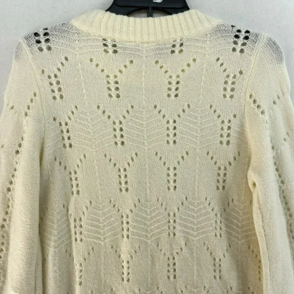 GAP Sweater Women's S Beige Cable-Knit Pointelle Crew Neck Ribbed Balloon Sleeve - Picture 9 of 13